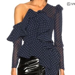Self-Portrait Navy Polka Dot One-Shoulder Blouse